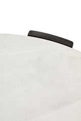 Round coffee table featuring a smooth white marble top with subtle veining, complemented by a sleek black wooden handle.