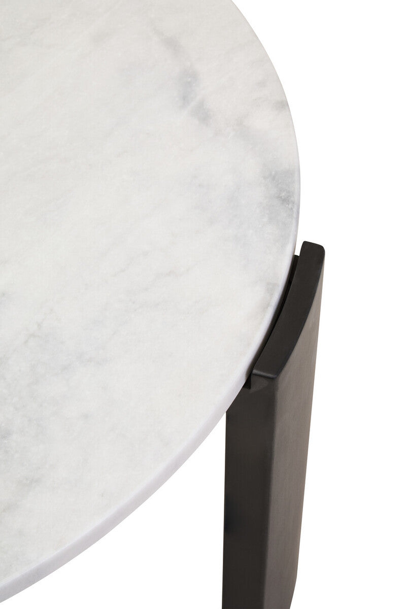 Round white marble tabletop with subtle gray veining, complemented by sleek black acacia wood legs. The edge of the marble is smoothly finished, showcasing a modern design.