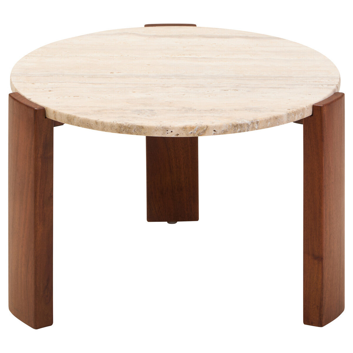 Round coffee table featuring a cream travertine marble top with a smooth surface and natural stone texture, supported by four sturdy acacia wood legs in a rich brown finish.