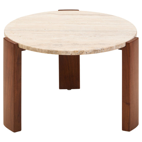 Round coffee table featuring a cream travertine marble top with a smooth surface and natural stone texture, supported by four sturdy acacia wood legs in a rich brown finish.