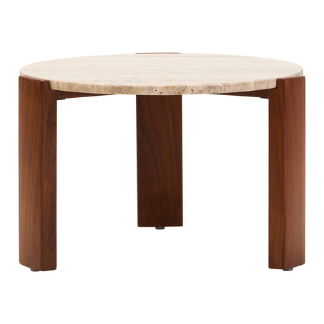 Round coffee table featuring a cream travertine marble top with a natural edge, supported by four sturdy acacia wood legs in a rich brown finish.