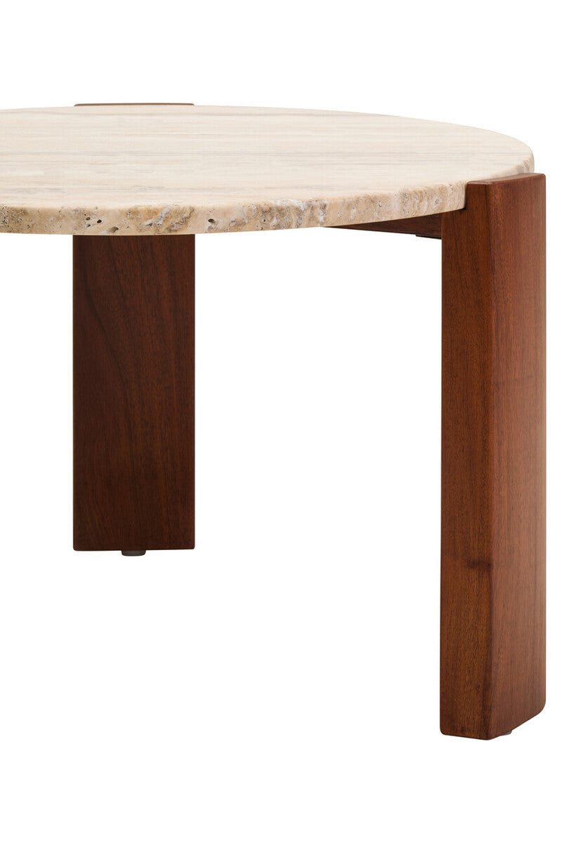 Round coffee table featuring a cream travertine marble top with a natural stone edge, supported by sturdy acacia wood legs in a rich brown finish.
