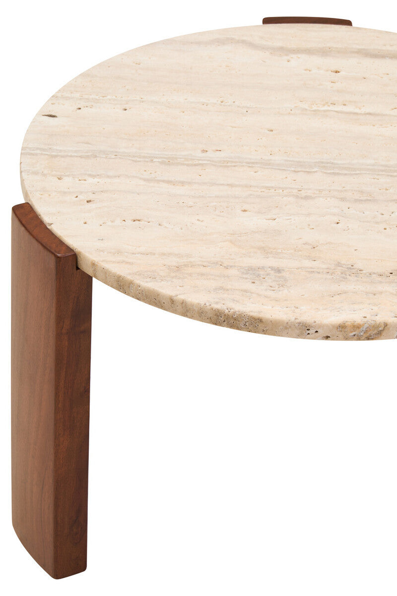 Round coffee table featuring a cream travertine marble top with natural veining and a smooth finish.