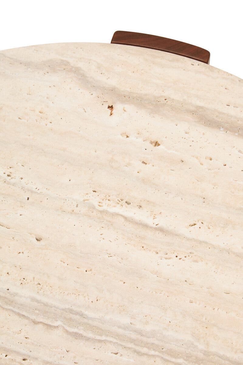 Cream-colored travertine marble tabletop featuring natural veining and texture, complemented by a sleek acacia wood handle.