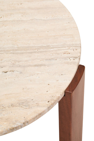Round coffee table featuring a cream travertine marble top with natural veining and texture, complemented by sturdy acacia wood legs.