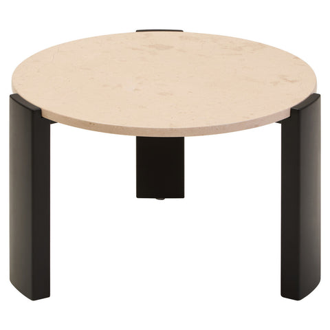 Round coffee table featuring a cream marble top with subtle veining, supported by sleek black acacia wood legs.