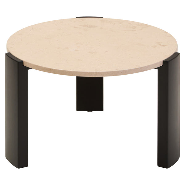 Round coffee table featuring a cream marble top with subtle veining, supported by sleek black acacia wood legs.