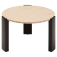 Round coffee table featuring a cream marble top with subtle veining, supported by sleek black acacia wood legs.