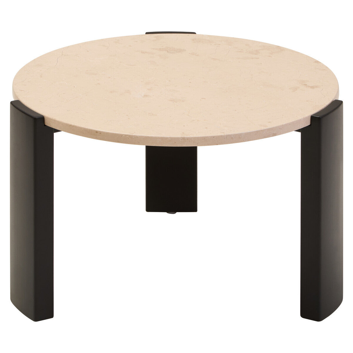 Round coffee table featuring a cream marble top with subtle veining, supported by sleek black acacia wood legs.