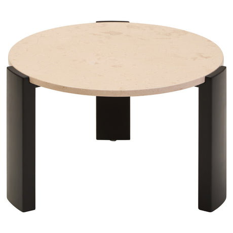 Round coffee table featuring a cream marble top with subtle veining, supported by sleek black acacia wood legs.