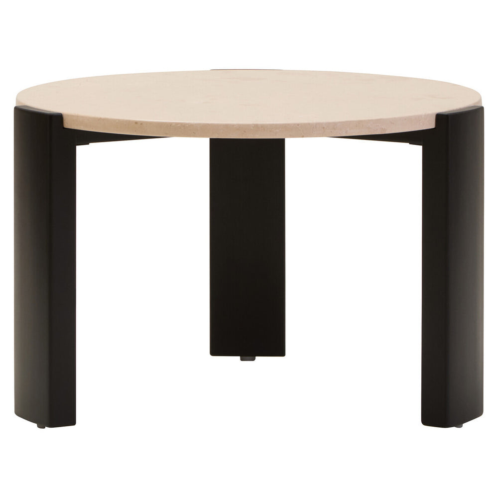 Round coffee table featuring a cream marble top and sleek black acacia wood legs. The table has a minimalist design with a smooth surface and sturdy, geometric legs.