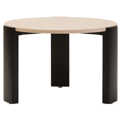 Round coffee table featuring a cream marble top and sleek black acacia wood legs. The table has a minimalist design with a smooth surface and sturdy, geometric legs.