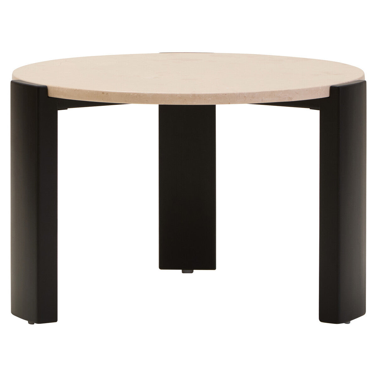 Round coffee table featuring a cream marble top and sleek black acacia wood legs. The table has a minimalist design with a smooth surface and sturdy, geometric legs.
