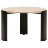 Round coffee table featuring a cream marble top and sleek black acacia wood legs. The table has a minimalist design with a smooth surface and sturdy, geometric legs.