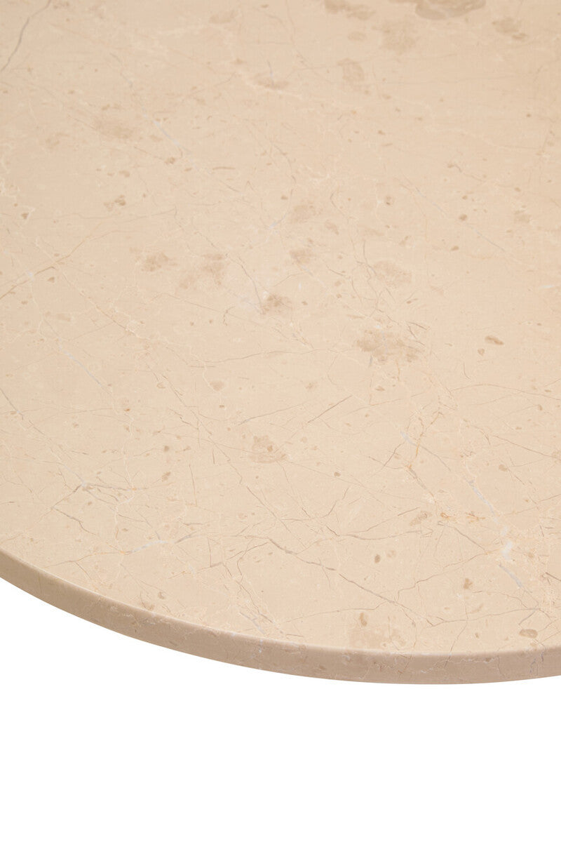 Cream marble tabletop featuring subtle veining and a polished finish, showcasing a smooth, round surface. The edges are gently rounded, enhancing its elegant design.