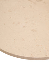 Cream marble tabletop featuring subtle veining and a polished finish, showcasing a smooth, round surface. The edges are gently rounded, enhancing its elegant design.