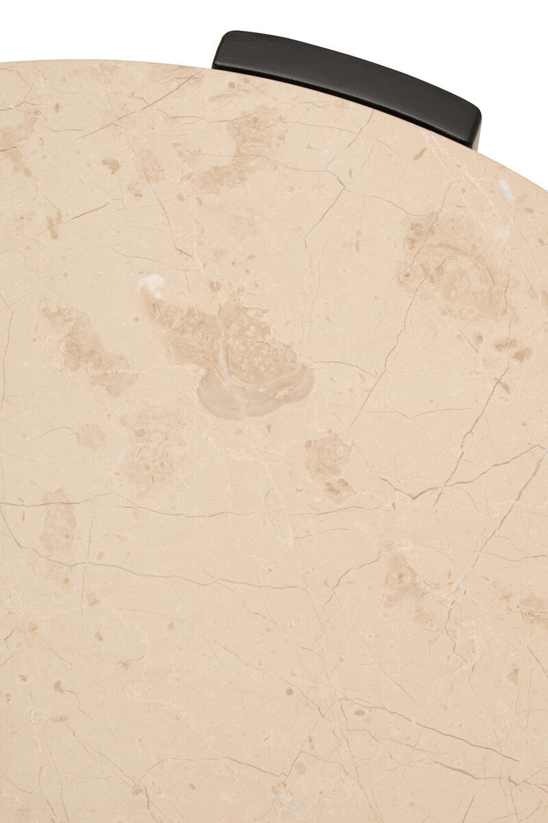 Cream marble tabletop featuring subtle veining and a smooth finish, complemented by a sleek black handle. The round design adds a modern touch, perfect for small spaces.