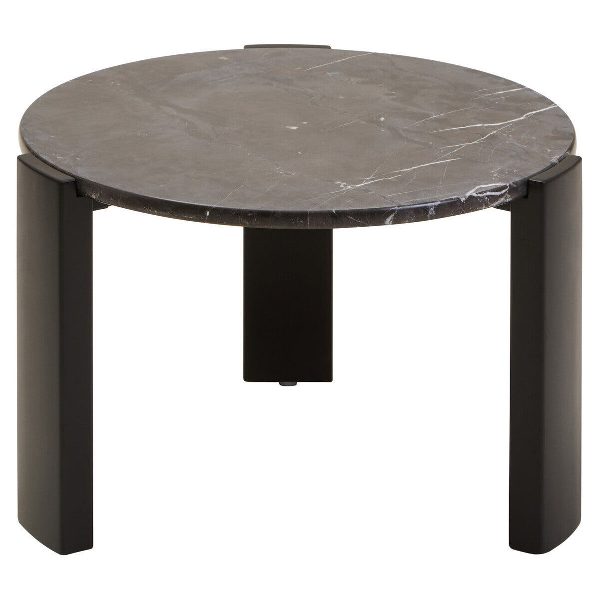Round coffee table featuring a sleek black marble top with subtle white veining, supported by sturdy black acacia wood legs.