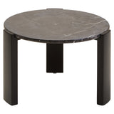 Round coffee table featuring a sleek black marble top with subtle white veining, supported by sturdy black acacia wood legs.