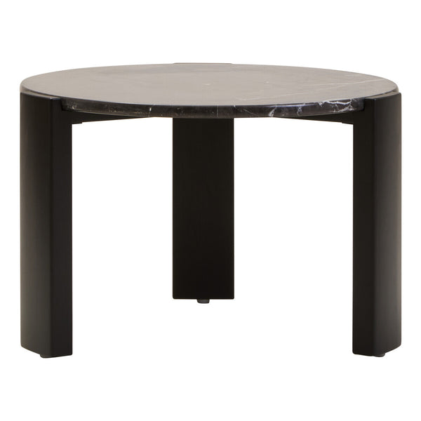 Round coffee table featuring a sleek black marble top with subtle veining, supported by sturdy acacia wood legs in a matching black finish.
