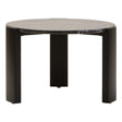 Round coffee table featuring a sleek black marble top with subtle veining, supported by sturdy acacia wood legs in a matching black finish.