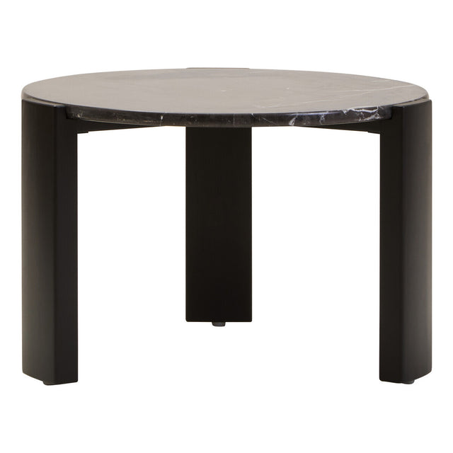 Round coffee table featuring a sleek black marble top with subtle veining, supported by sturdy acacia wood legs in a matching black finish.