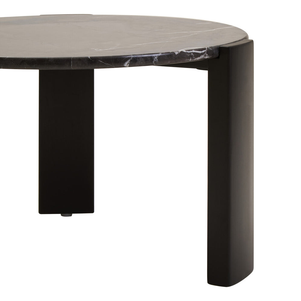 Round black marble top coffee table featuring a sleek design with a smooth surface and subtle white veining.