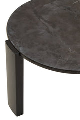 Round black marble top coffee table featuring a sleek, polished surface with subtle veining. The sturdy acacia wood legs provide a modern contrast, enhancing its elegant design.