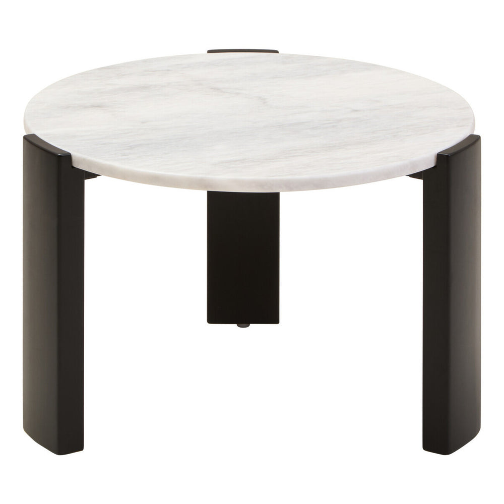 Round coffee table featuring a smooth white marble top with subtle gray veining, supported by four sleek black acacia wood legs.