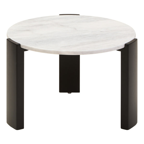 Round coffee table featuring a smooth white marble top with subtle gray veining, supported by four sleek black acacia wood legs.