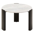 Round coffee table featuring a smooth white marble top with subtle gray veining, supported by four sleek black acacia wood legs.