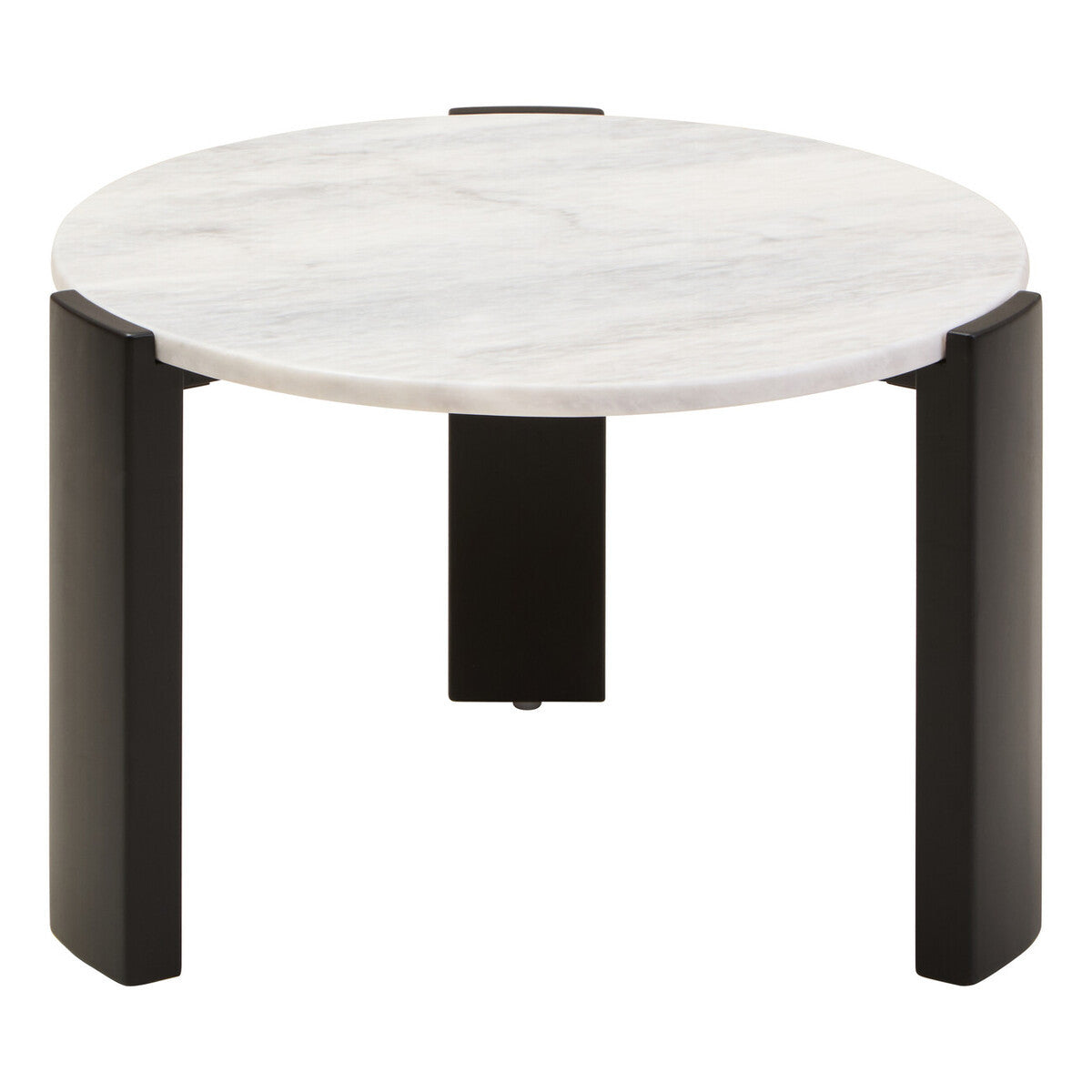 Round coffee table featuring a smooth white marble top with subtle gray veining, supported by four sleek black acacia wood legs.