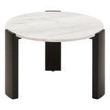 Round coffee table featuring a smooth white marble top with subtle gray veining, supported by four sleek black acacia wood legs.