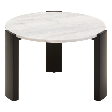 Round coffee table featuring a smooth white marble top with subtle gray veining, supported by four sleek black acacia wood legs.