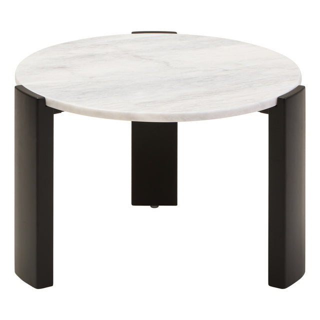 Round coffee table featuring a smooth white marble top with subtle gray veining, supported by four sleek black acacia wood legs.