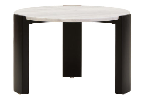 Round coffee table featuring a sleek white marble top and sturdy black acacia wood legs.