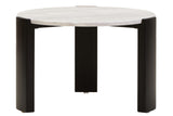 Round coffee table featuring a sleek white marble top and sturdy black acacia wood legs.