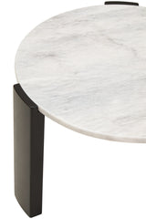 Round coffee table featuring a smooth white marble top with subtle gray veining, supported by sleek black acacia wood legs.