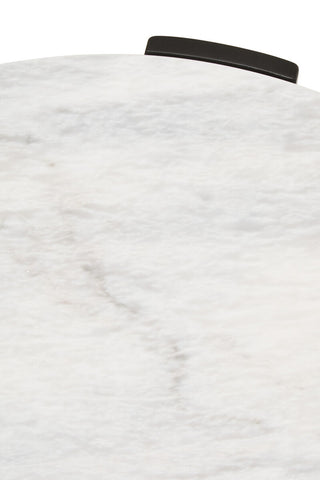 Round white marble tabletop with subtle gray veining, featuring a sleek black handle on the edge. The surface is smooth and polished, ideal for a modern coffee table design.