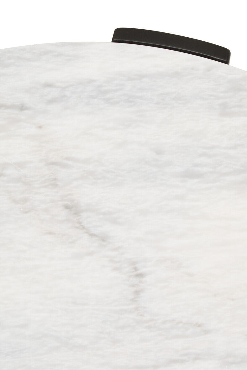 Round white marble tabletop with subtle gray veining, featuring a sleek black handle on the edge. The surface is smooth and polished, ideal for a modern coffee table design.