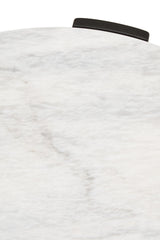Round white marble tabletop with subtle gray veining, featuring a sleek black handle on the edge. The surface is smooth and polished, ideal for a modern coffee table design.