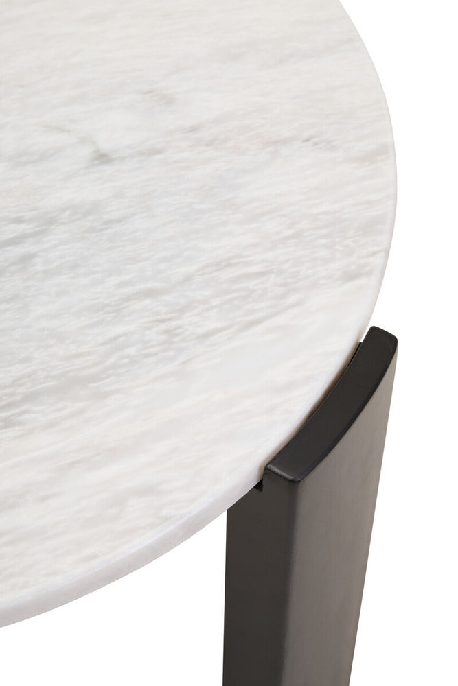 Round coffee table featuring a smooth white marble top with subtle veining, complemented by sleek black acacia wood legs.