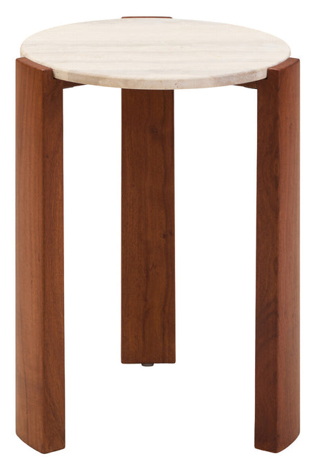 Round side table featuring a smooth, light-colored travertine top and sturdy brown acacia wood legs.
