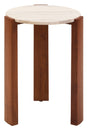 Round side table featuring a smooth, light-colored travertine top and sturdy brown acacia wood legs.
