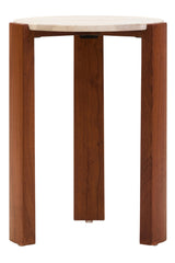 Round side table featuring a smooth travertine top and sturdy acacia wood legs in a rich brown finish.