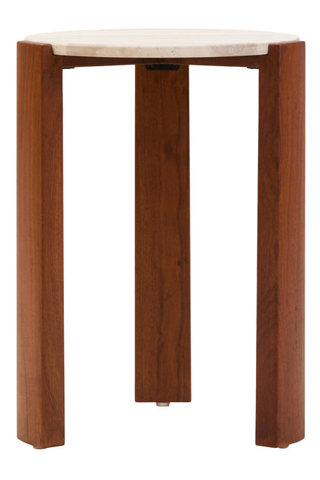 Round side table featuring a smooth travertine top and sturdy acacia wood legs in a rich brown finish.