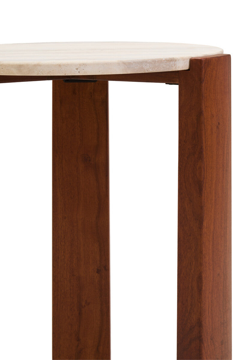 Round side table featuring a smooth travertine top with natural variations in color and texture, supported by sturdy acacia wood legs in a rich brown finish.