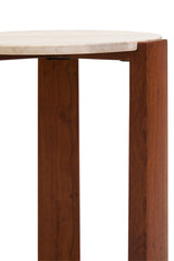 Round side table featuring a smooth travertine top with natural variations in color and texture, supported by sturdy acacia wood legs in a rich brown finish.