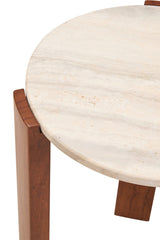 Round side table featuring a smooth, light-colored travertine top with subtle natural patterns, complemented by sturdy acacia wood legs in a rich brown finish.