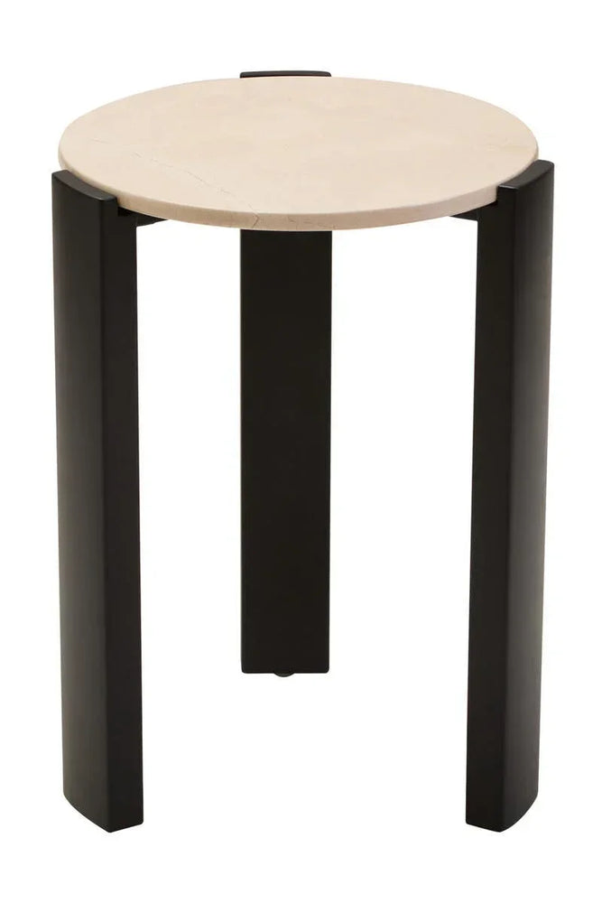 Round side table with light stone top and black metal legs